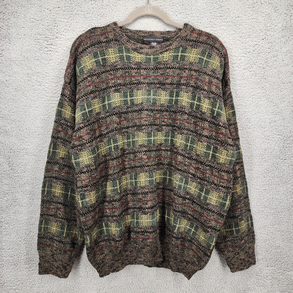 Geoffrey Beene Mens XL Multi Color Plaid Striped Knit Crewneck Sweater Brown
